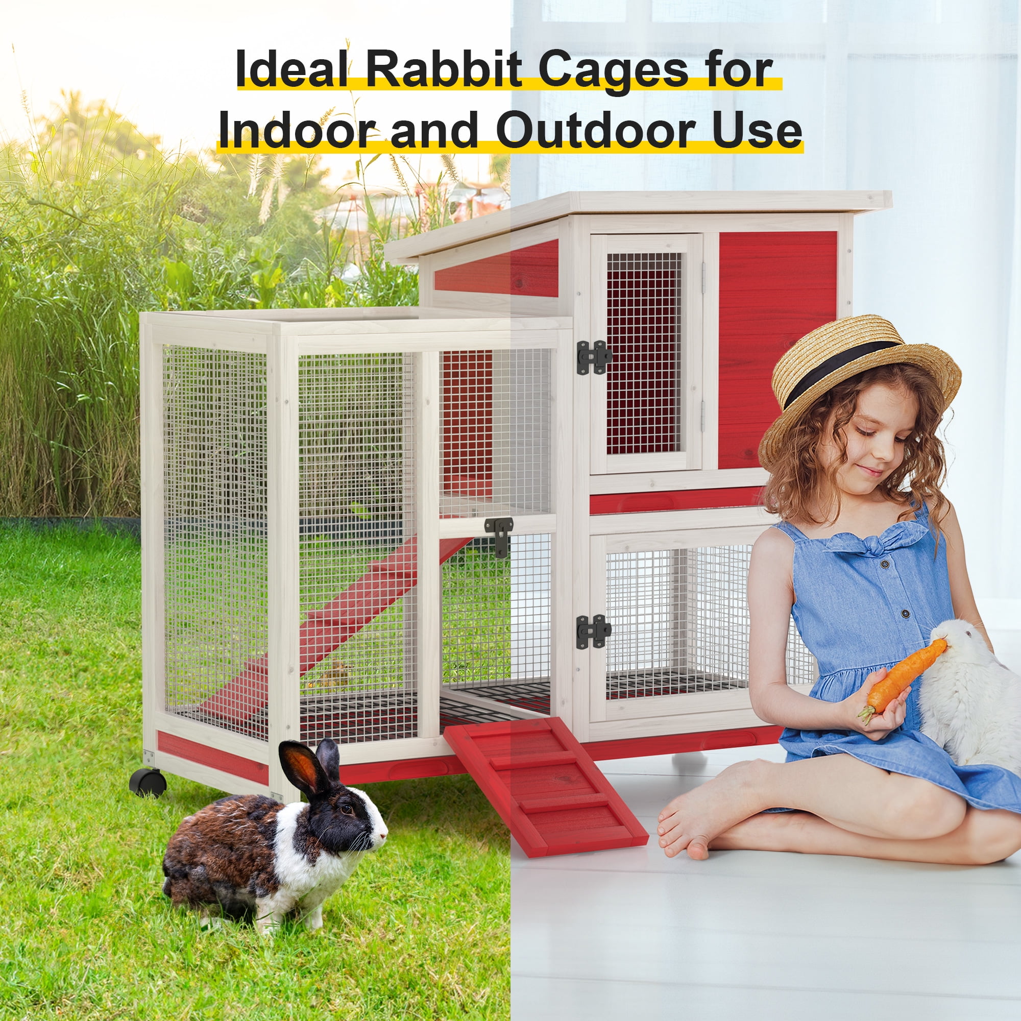 GOJOOASIS Rabbit Hutch Indoor, Water Resistant Wood Chicken Coop Outdoor with 3 Removable Tray & Running Cage & Ramp & Wheels, Red & White