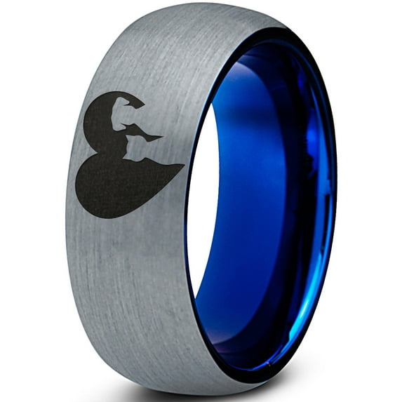 Tungsten Heart Yin Yang Dog Cat Lovers Band Ring 8mm Men Women Comfort Fit Blue Dome Brushed Gray Polished