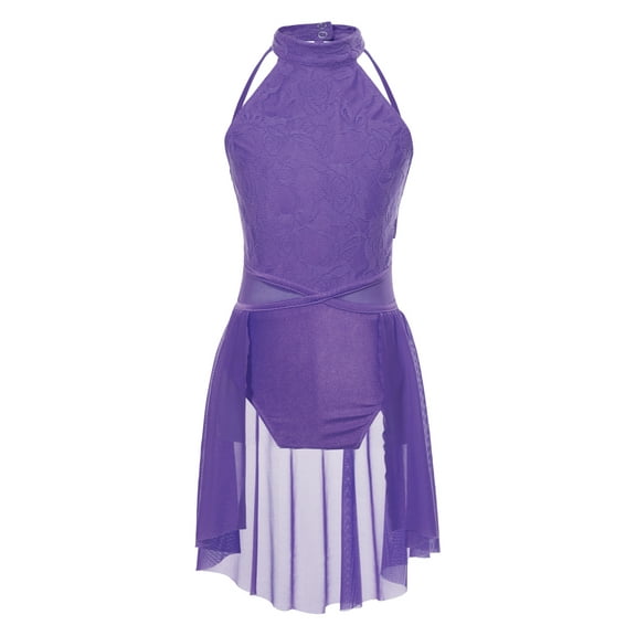 Kaerm Kids Girls Lace Lyrical Ballet Dance Dress Sleeveless Skirt Leotard Latin Jazz Contemporary Purple 14