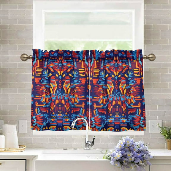 Yayeee Kitchen Curtains Tier Pair Light Filtering 27"x36" Rod Pocket Short Cafe Window Panel, Red Geometric Eagle