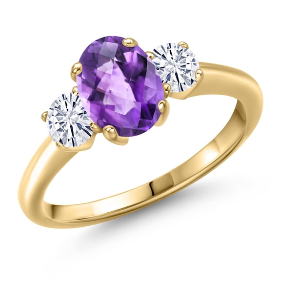 Gem Stone King 10K Yellow Gold Purple Amethyst and White Moissanite Engagement Ring for Women | 1.66 Cttw | Oval Checkerboard 8X6MM | Gemstone February Birthstone | Size 7