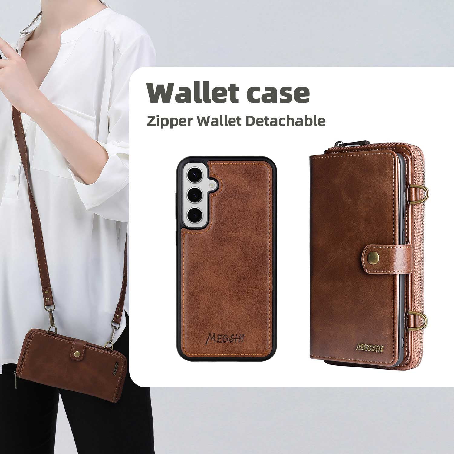 ShieldFlex Wallet Case Compatible with Samsung Galaxy S25 5G, 13-Card Holder Soft PU Leather Crossbody Wallet Zipper Pocket Magnetic Detachable Phone Cover Fit for Galaxy S25,Brown (3 IN 1)