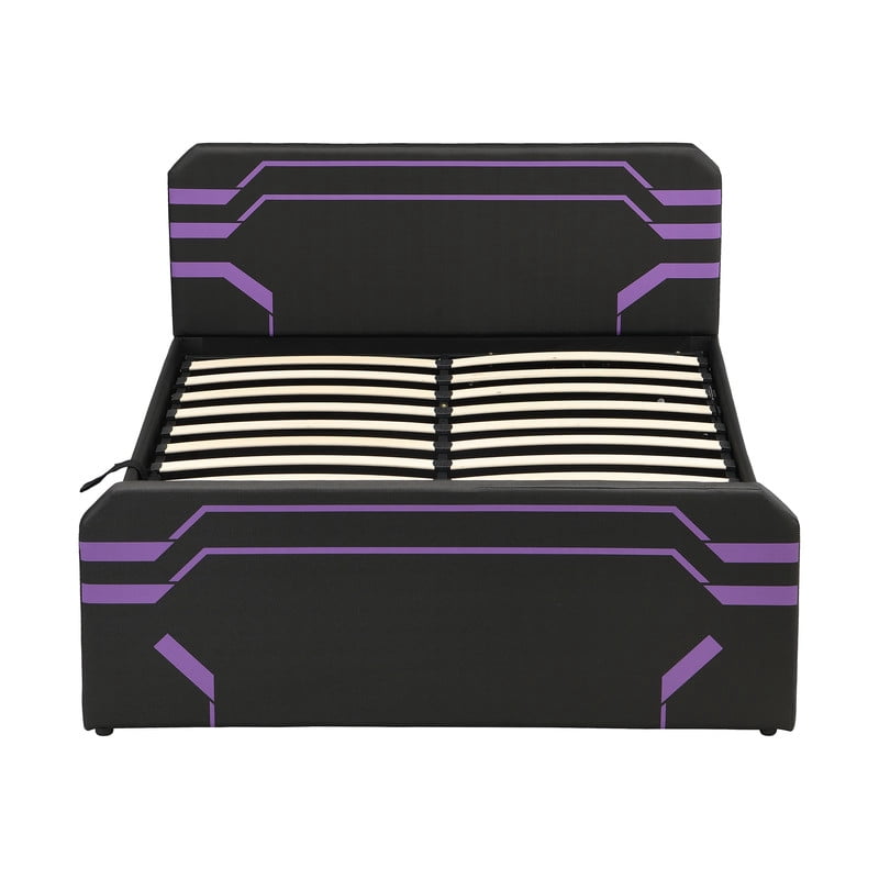 Queen Size PU Leather Gaming Bed Frame with Hydraulic Storage, Cyberpunk Style Platform Bed with Futuristic Pattern Headboard