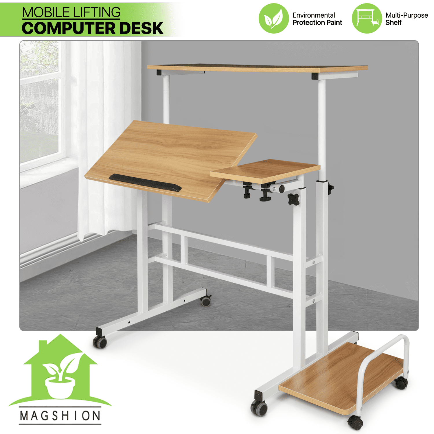 Magshion Complete Computer Workstation Desk, Rolling Standing Laptop Table with Monitor Shelf & Host Rack for Home, Natural