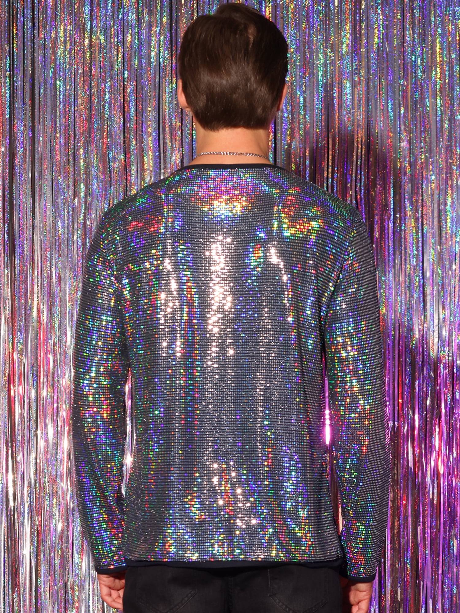 DARING DIVA Men's Sequins Crew Neck Long Sleeves Party Clubwear Sparkly T-Shirt 2XL Silver