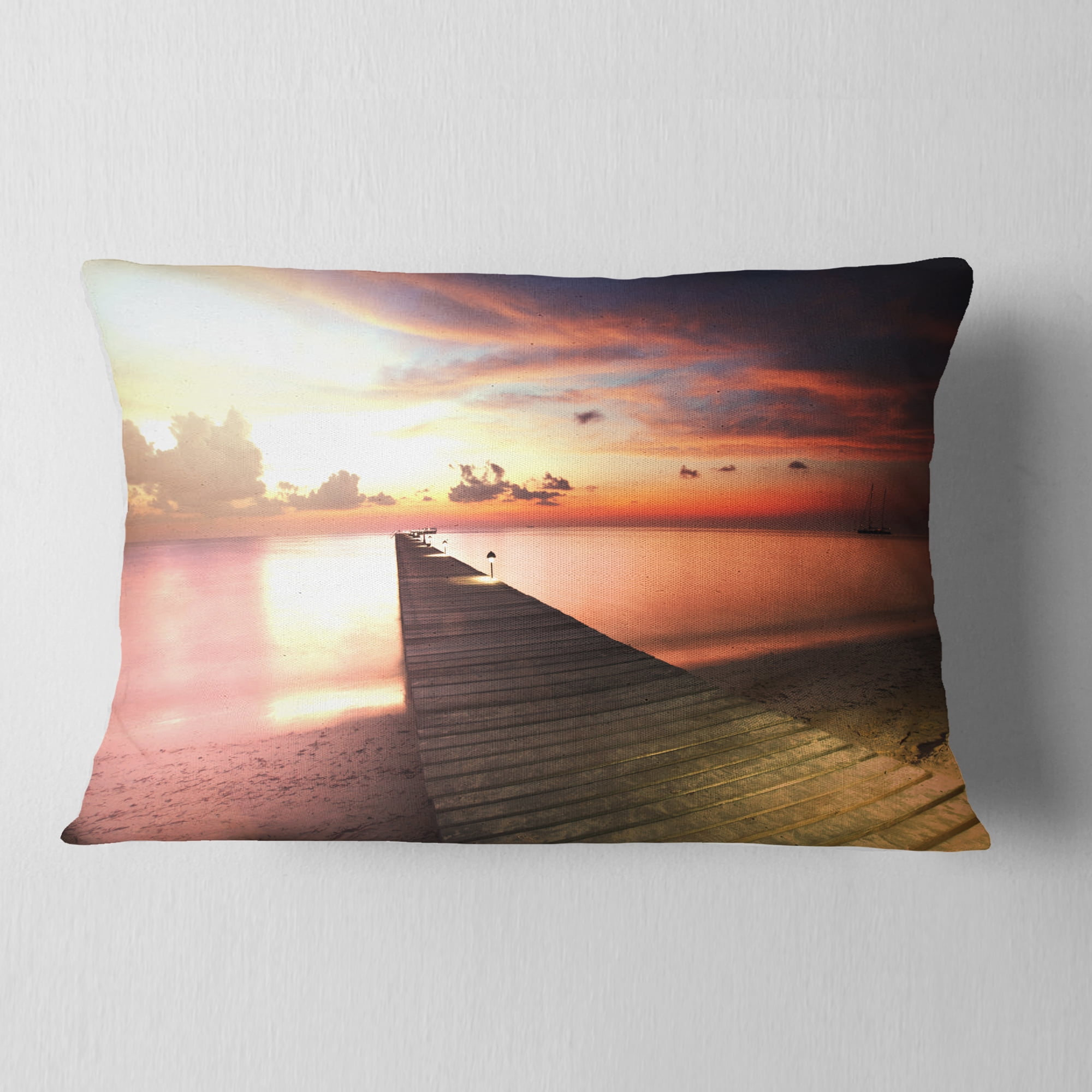 Designart Wooden Boardwalk into Colorful Sea - Bridge Throw Pillow - 12x20