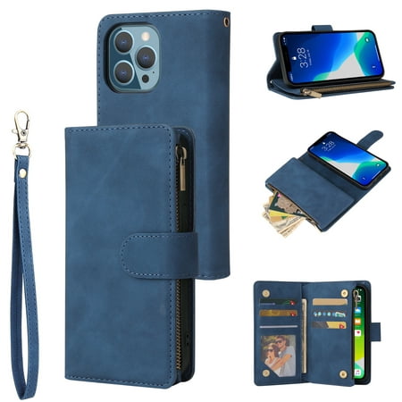 iPhone 13 Pro Max Wallet Case, Soft Leather Zipper Magnetic Buckle Horizontal Flip Cover with 5 Card Slots, Blue