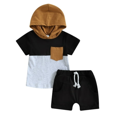 

Sunisery Baby Boy Contrast Color Pocket Hooded Pullover T Shirt Tops Drawstring Shorts