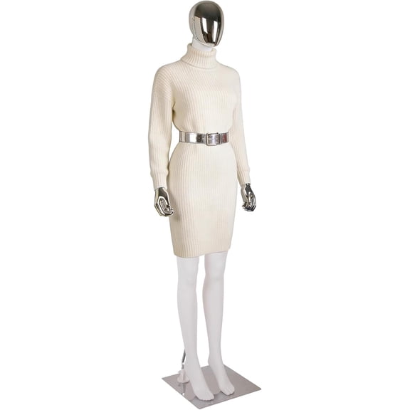 Kinbor Full Body Female Mannequin - Elegant Tall Female Mannequin with Stable Metal Base, Manne quin Dress Form Display with Adjustable Head and Arms, Detachable Manikins, White&Silver