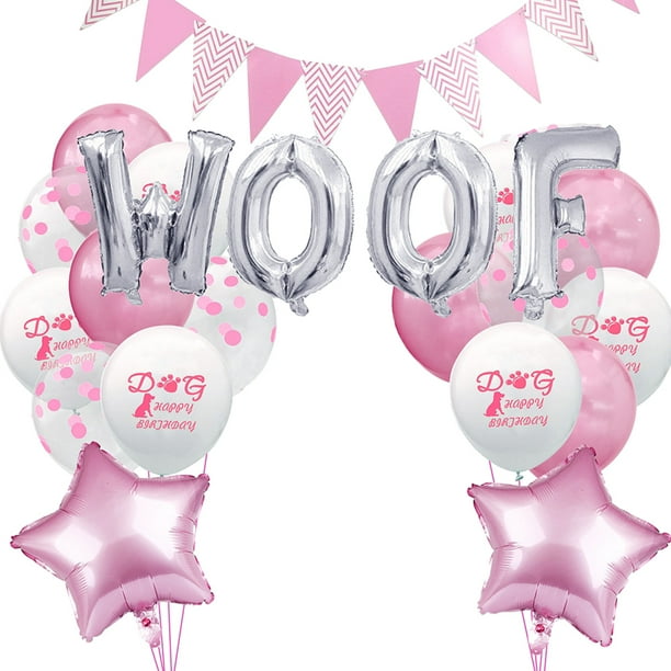 KAKOWELY Globos de aluminio con letras "WOOF", para cumpleaños de perro (plateados y rosas)
