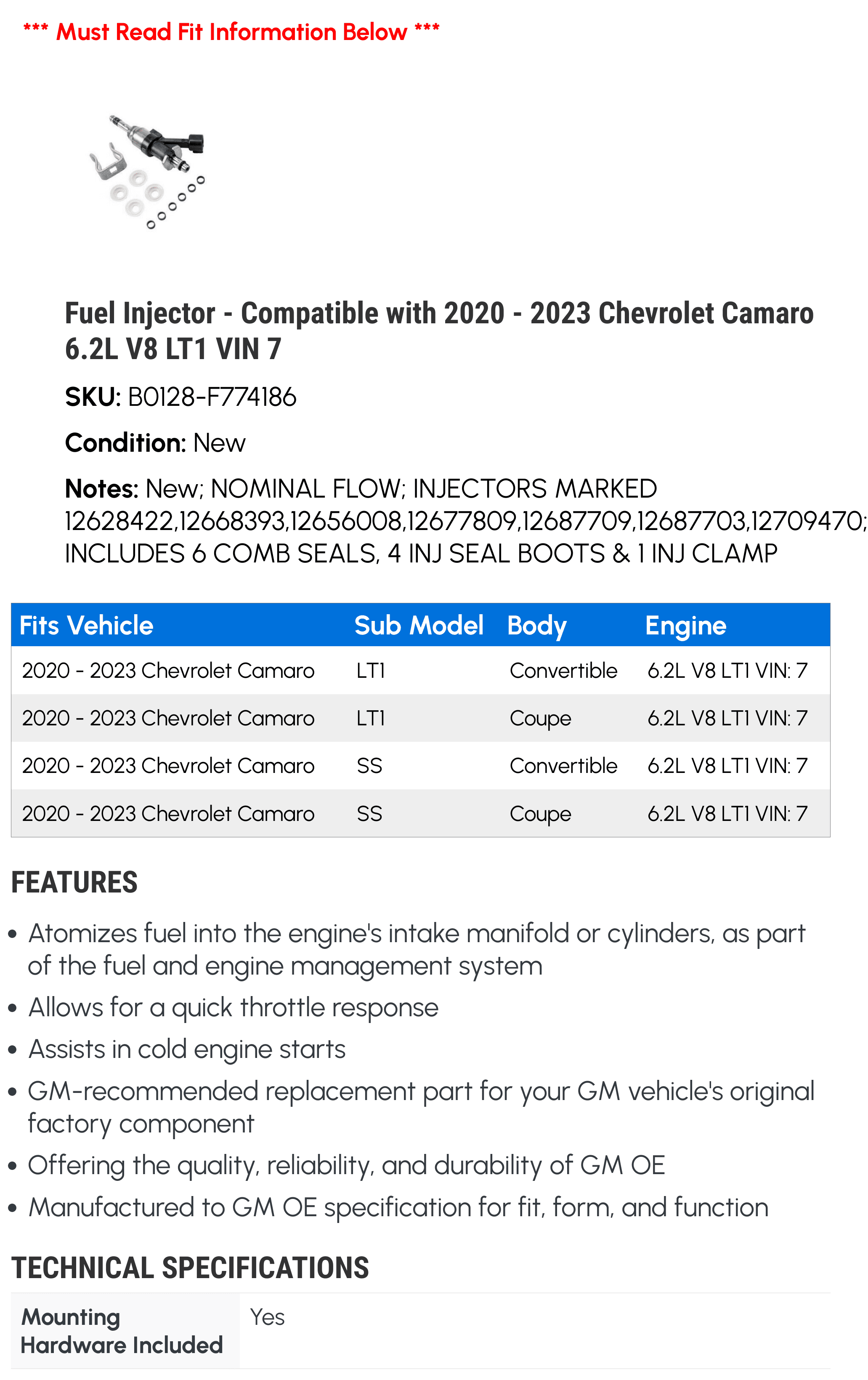 Fuel Injector - Compatible with 2020 - 2023 Chevrolet Camaro 6.2L V8 LT1 VIN 7 - AC Delco