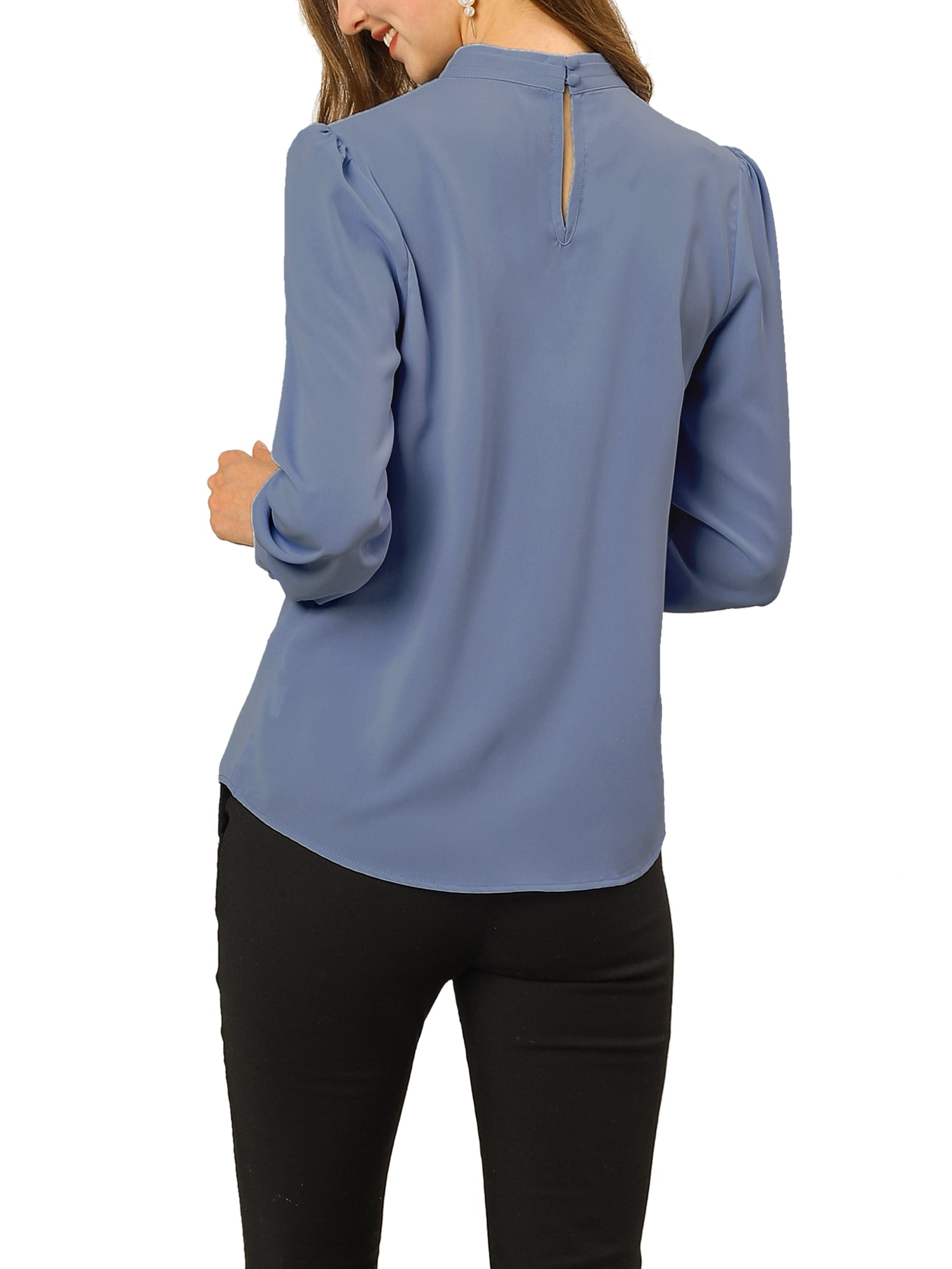 DARING DIVA Women's Stand Collar Long Sleeve Office Blouse L Dark Blue