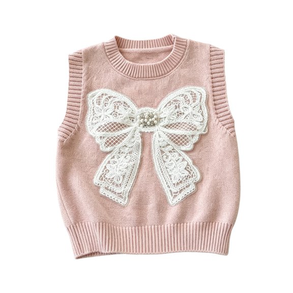 YunPes Girls Preppy Sweater Vest Lace Bow Crewneck Knit Pullovers Waistcoat Soft Cute Fall Winter Kids School Uniform Sleeveless Knitwear Tops