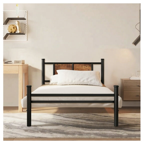Twin Size Bed Frames with Wood Headboard and Footboard,Strong Metal Slats Support for Twin Bed Platform,No Box Spring Needed,Easy Assembly Black   Iron,Wood