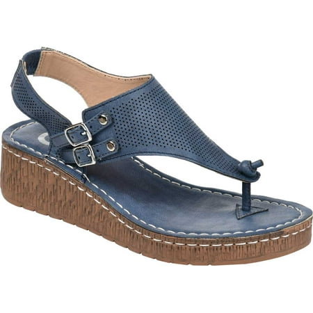 

Women s Journee Collection McKell Wedge Thong Sandal Blue Perforated Faux Leather 7 M