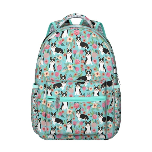 Corgi Dog and Flowers Backpack for School,Cute School Bag,Schoolbag with Adjustable Shoulder Straps & Padded Back,15.3"x11"x7.1".﻿