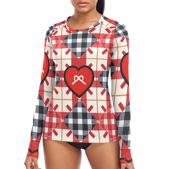 joogoo Womens UPF 50  Sun Shirts Heart on Checkered Long Sleeve UV Protection Rash Guard Tops S