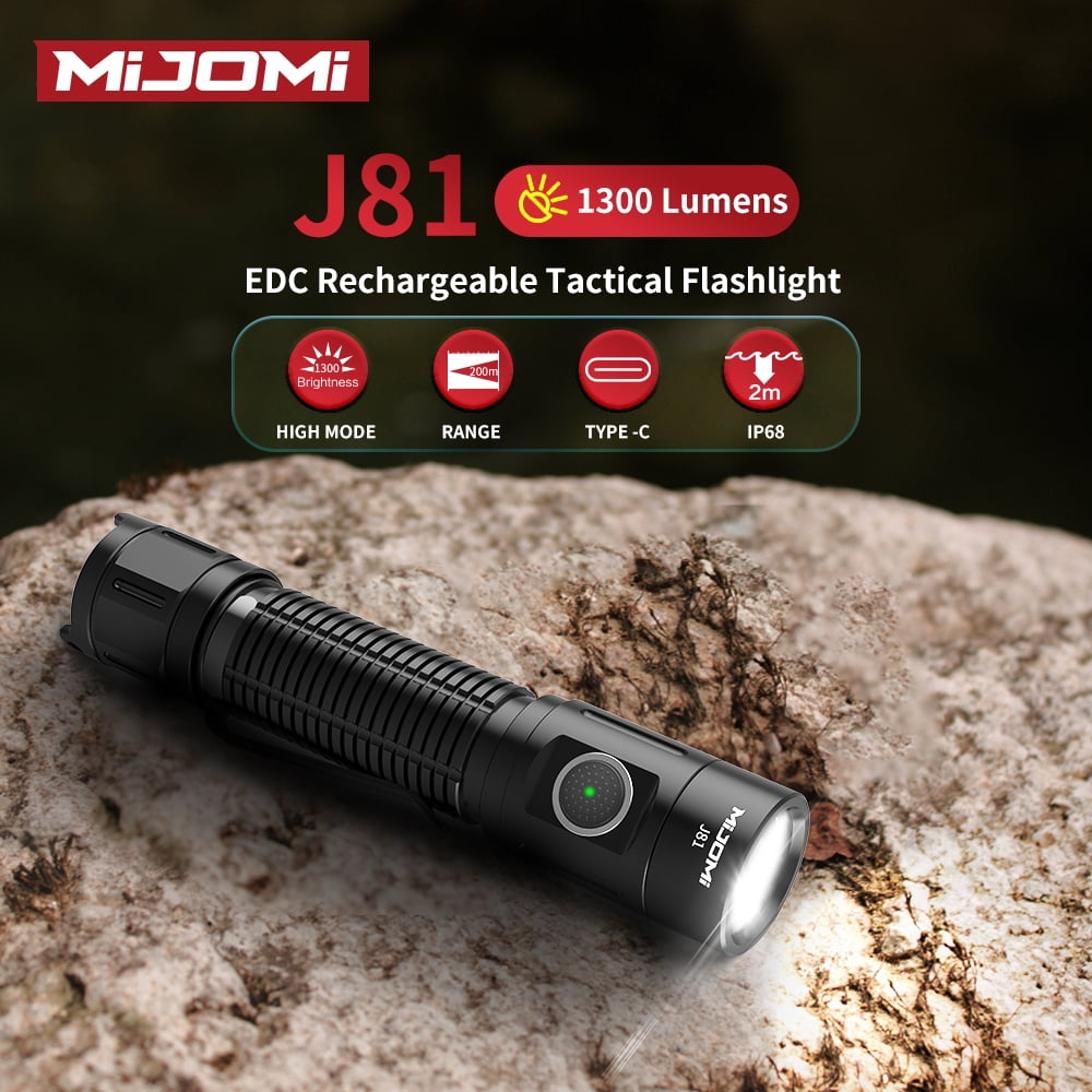 MIJOMI J81 Tactical Flashlight 1300 Lumen Compact Torch Dual Switch USB Rechargeable, Waterproof IP68 for Tactical Games, Camping,Outdoor
