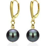 ADDURN 14Kt Yellow gold 6-7mm Black Freshwater Pearl with Pyramid Beads/Shield Lever Back Earring