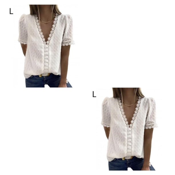 Guardurnaity Camiseta de chifón para mujer, blusa de encaje con estilo informal de Color sólido con cuello en V de verano, camisa de oficina para beis blanco L 2Conjunto
