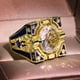 thumbnail image 5 of Anillo de rayas de esmalte azul para hombre y mujer, anillo de cobre chapado en oro y circonitas europeas y americanas, 5 of 5