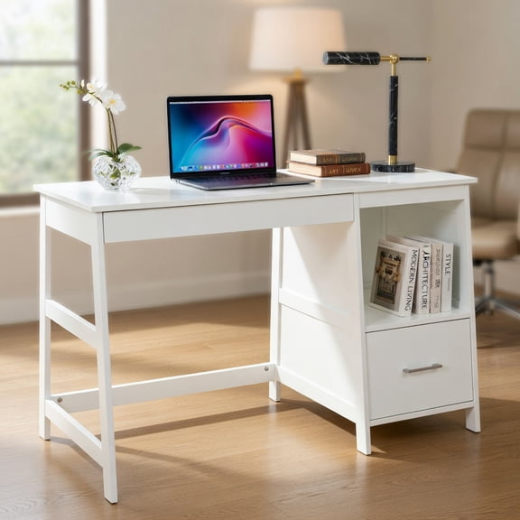 Resenkos 47.5 Inch Modern Home Computer Desk with 2 Storage Drawers-White, Home Office Desks, Gaming Computer Desks for Study,Working,Writing