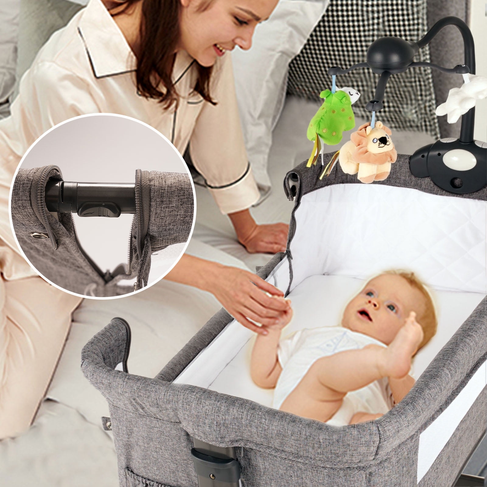HoneiLife Rocking Bassinet for Baby 3 in 1 Baby Cribs with Mosquito Net Adjustable Bedside Sleeper Easy Folding Baby Bed Portable Baby Travel Bed with Mattress & Detachable Side Panel,Grey 
