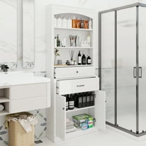White Bathroom Storage Cabinet with Two Doors, Drawers, Adjustable Shelf & Three Open Shelves – Durable MDF Construction