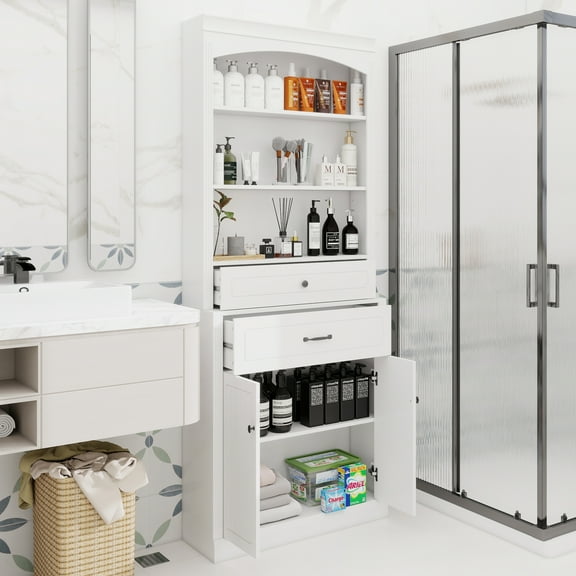 White Bathroom Storage Cabinet with Two Doors, Drawers, Adjustable Shelf & Three Open Shelves – Durable MDF Construction