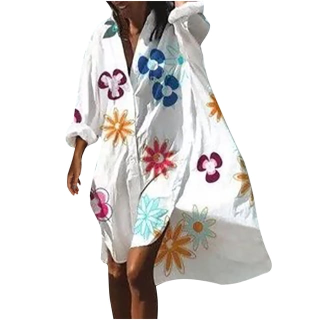 Fridja Robe Longue pour Femmes à Col en V, Manches Longues, Imprimée, Chemise Irrégulière