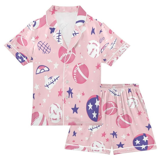 Silky Satin Kids' Pajama Set Breathable & Smooth Unisex Button-Down Pajamas Pink Basketballs and Footballs