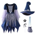 thumbnail image 2 of Kids Witch Costume Set, Sequin Tulle Star Galaxy Girls Witch Dress with Wizard Hat Wand and Candy Bag, Halloween Cosplay Outfit for Child Halloween Party Dress‑Up, 2 of 8