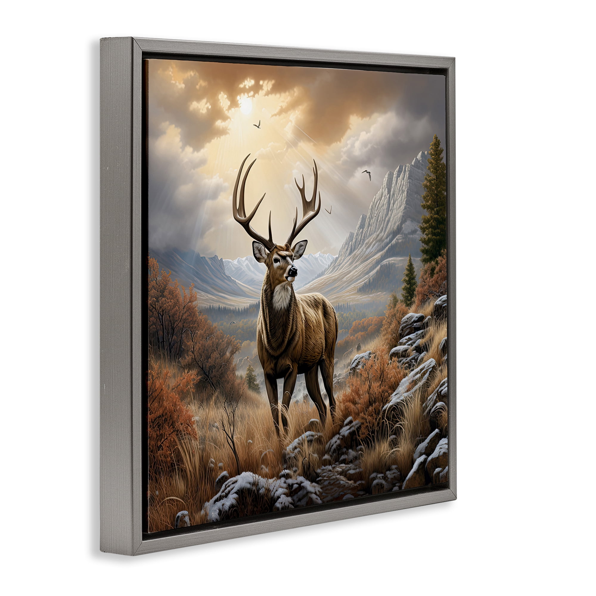 Stupell Industries Majestic Elk Mountain Scenery Landscape Painting Gray Floater Framed Canvas Art Print Wall Art, 18 x 18