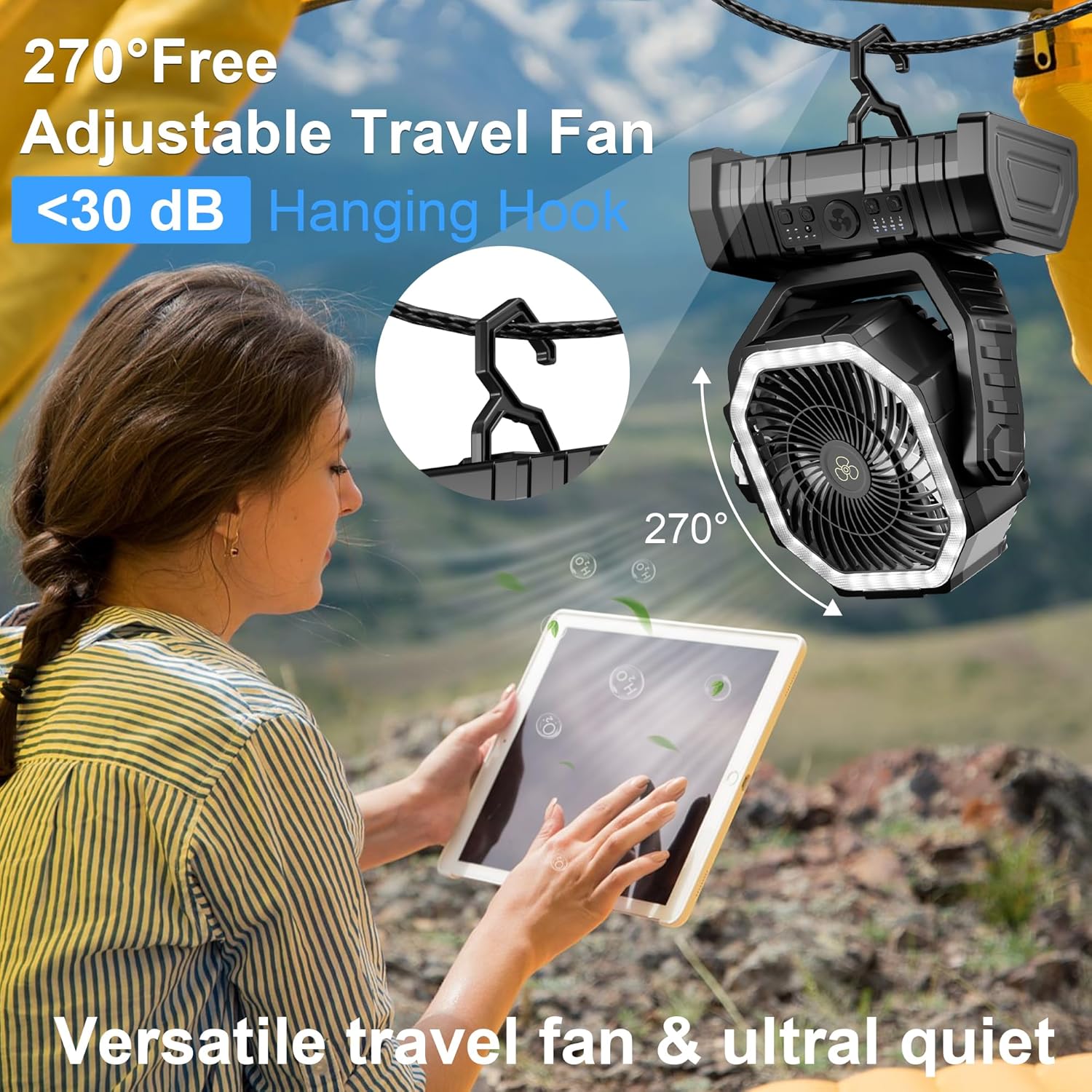 Portable Fan Rechargeable, 20000mAh Cordless Battery Powered Camping Fan with LED Light & Remote, 4 Speeds Wind, Timer, USB C, 360 Hanging Hook, Oscillating Fans for Travel Tent, Camping Essentials
