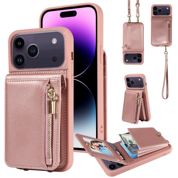 For iPhone 17 Pro Crossbody Wallet Phone Case with Hand Strap & Shoulder Strap,Premium PU Leather RFID Blocking Card Slots Zipper Pocket Back Purse Kickstand Phone Case,Rosegold