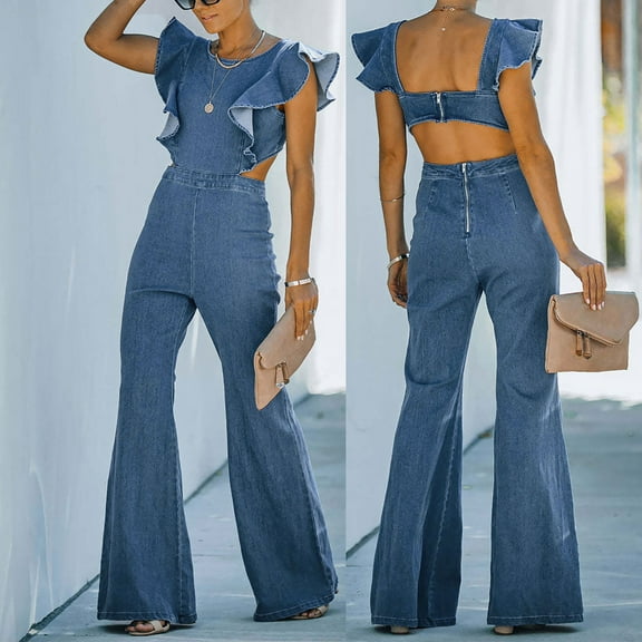 UPPADA Plus Size Jumpsuits for Women Women's Summer Fashion Denim Solid Color Sleeveless Ruffle Backless Slim Fit Jumpsuit Monos, Mamelucos Y Overoles Para Mujer
