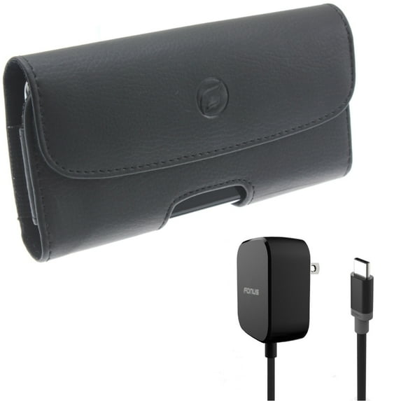 Holster Leather Case Belt Clip w 5ft Long 15W Fast Home Charger for LG V40 ThinQ, Premier Pro Plus (L455DL), G8X ThinQ, Stylo 5 4 Plus, Harmony 4 - Motorola One Zoom, Moto Z4 Z3 Play Z2 Play