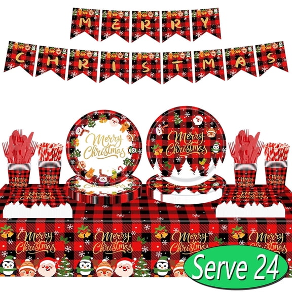 Christmas Paper Plates and Napkins Disposable Dinnerware Christmas Party Supplies Xmas Tableware Set for 24 guests