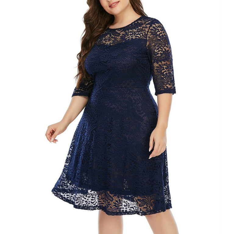 Formal Dresses for Women Plus Size Lace 3/4 Sleeve Ruffle Cocktail Prom  Wedding Guest Elegant Summer Midi Dress - Walmart.com