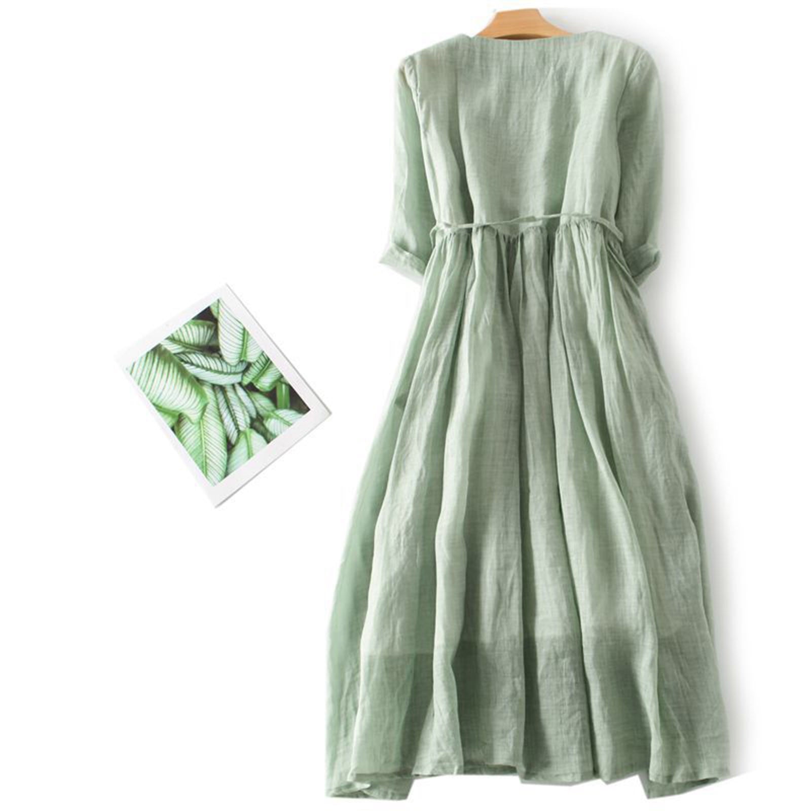 Cotton Linen Sundress for Women Solid Color 3/4 Sleeve Button Maxi Dress Tunic Bow Tie Front Layered Flowy Dresses