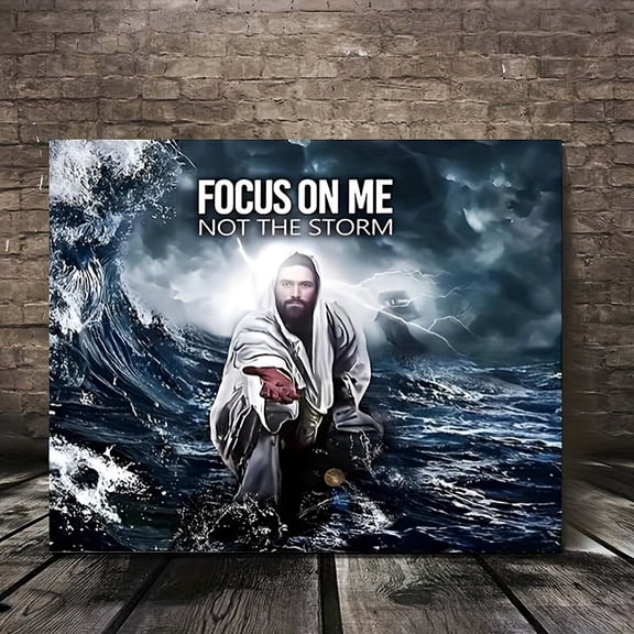 [2D Flat] 1pc Inspirational Christian Canvas Wall Art, "Focus on Me Not the Storm" Religious Print, Wooden Framed Bible Verse Artwork, Ready to Hang, Home & Office Decor, Faithful Gift Idea 2D Flat