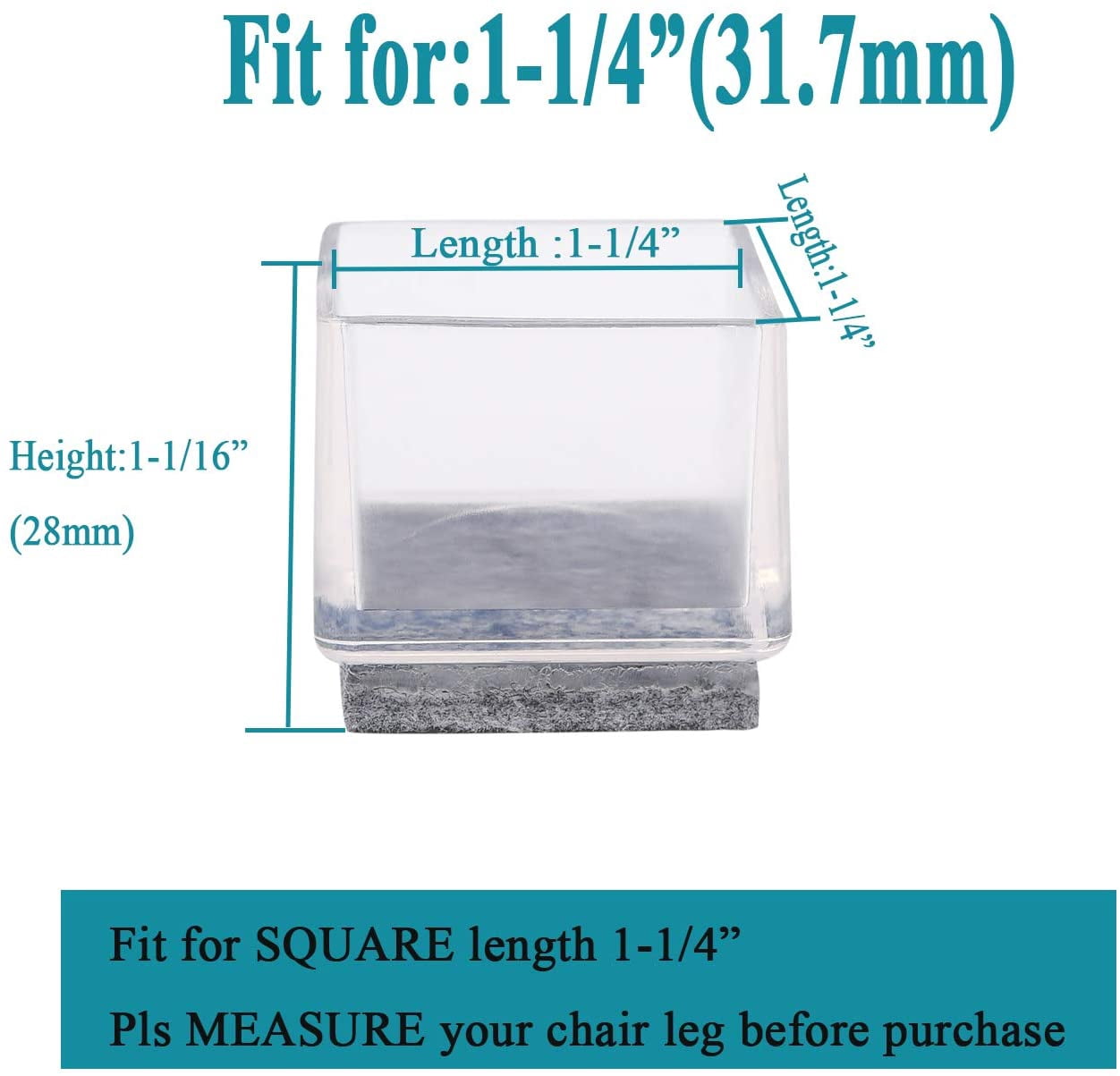 Chair Leg Floor Protectors, Furniture Felt Pads Silicone Chair Leg Caps 1" Square Floor Protectors for Hardware (Clear gray-20 Pack)