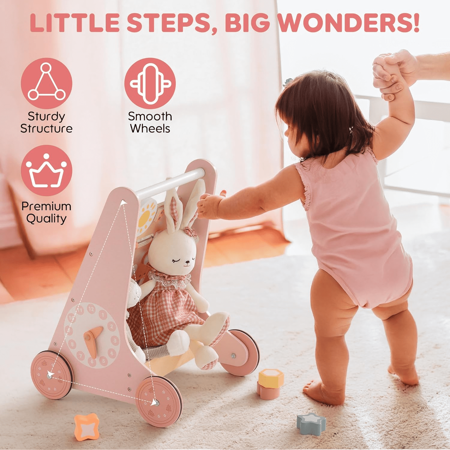 Robud Wooden Baby Walker, with Wheels, Montessori Push Toys for Babies Learning to Walk, Baby Walkers Activity Center for Boys and Girls,Pink