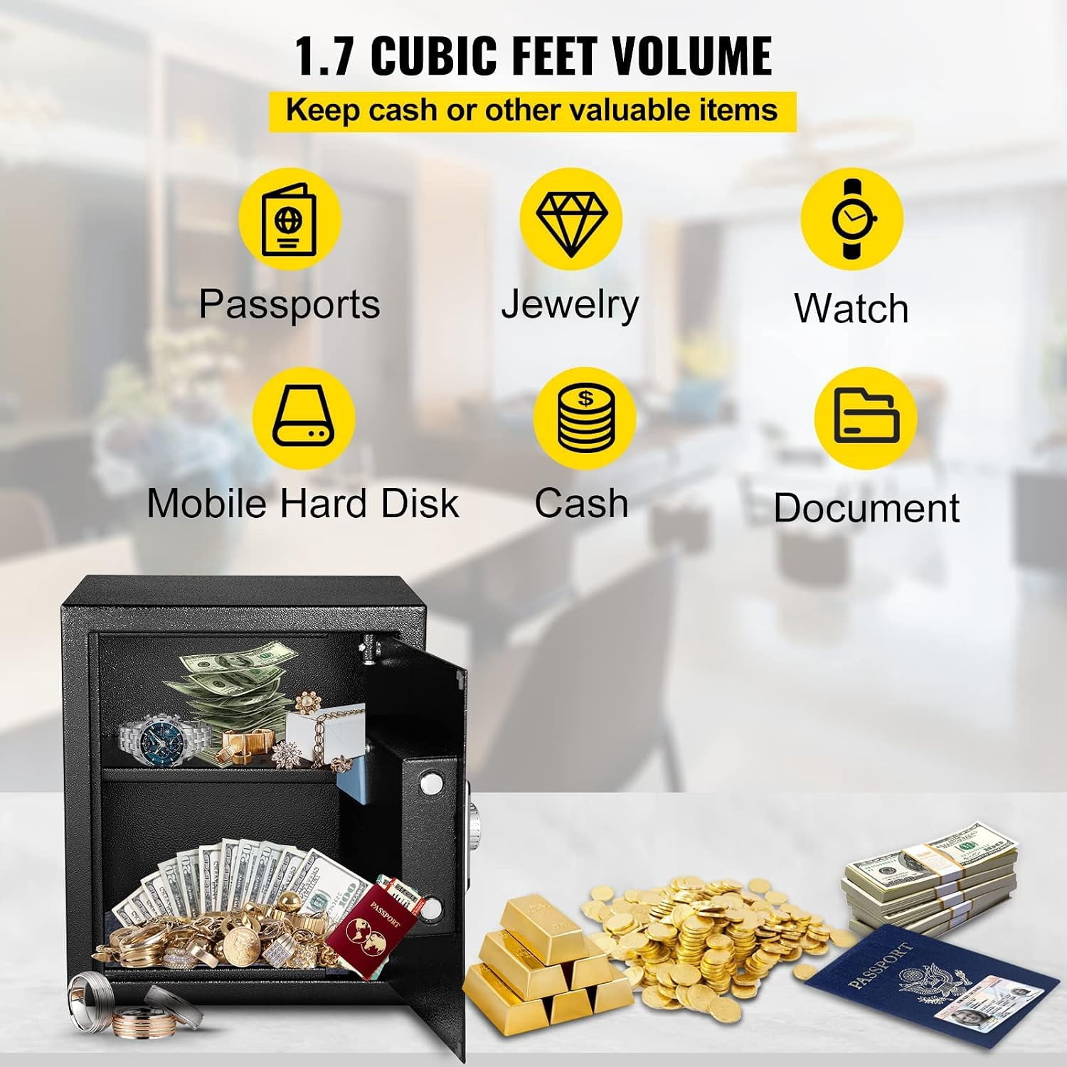 Safe Box, 1.7 CU.FT Fingerprint Safe Box for Money w/ 2 Keys & Digital Keypad, Q235 Steel Fireproof Safe Box for Storing Cash, Jewelry, Pistols, Documents, Watches in Home & Office & Hotel