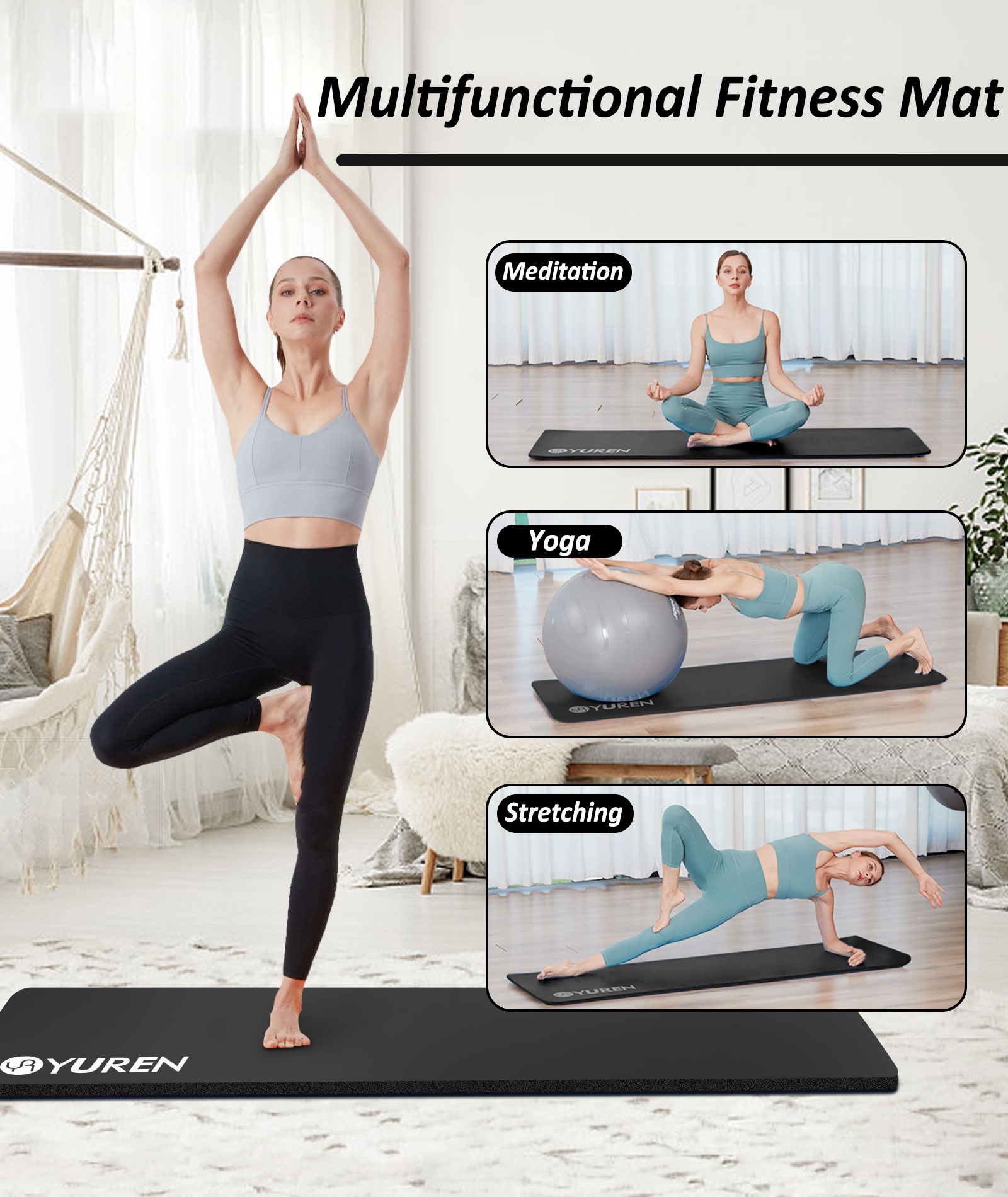 YR Yoga Mat, 76" x 24" High-Density Foam, Black photo 6
