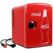 Coca-Cola Classic 4L Mini Fridge w/ 12V DC and 110V AC Cords, 6 Can Portable Cooler, Personal Travel Refrigerator for Snacks Lunch Drinks Cosmetics, Desk Home Office Dorm, Red