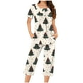 thumbnail image 2 of Wowcloth Woman's Pajama Set, Loose-Fit with Christmas Print, Round Neck Short-Sleeve Button-Up Top and Cropped Pants, Comfortable Sleepwear for Home Lounging and Leisure, 2 of 6
