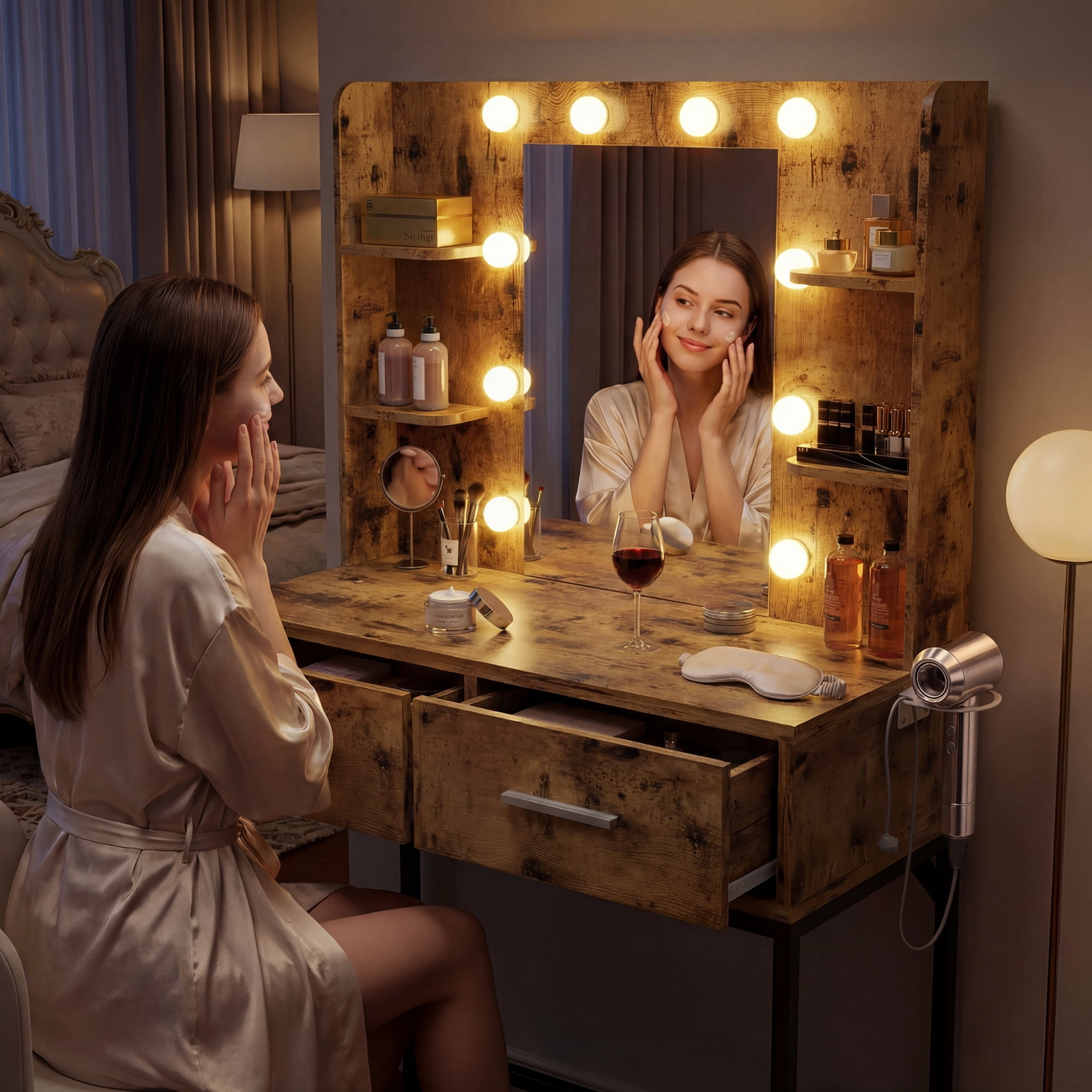 Homall Vanity Desk with Mirror, Power Outlet & LED Lights, Makeup Vanity Table with 2 Drawers & 4 Shelves, Dressing Table for Bedroom Dressing Room, Brown