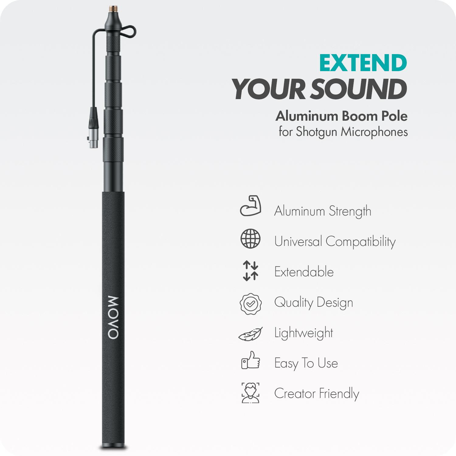 Movo CMP-17C Professional 9.8' Aluminum Boom Pole for Shotgun Microphones with Internal XLR Cable – Compatible with Rode NTG Series, Sennheiser MKE600, Audio-Technica AT875R & More