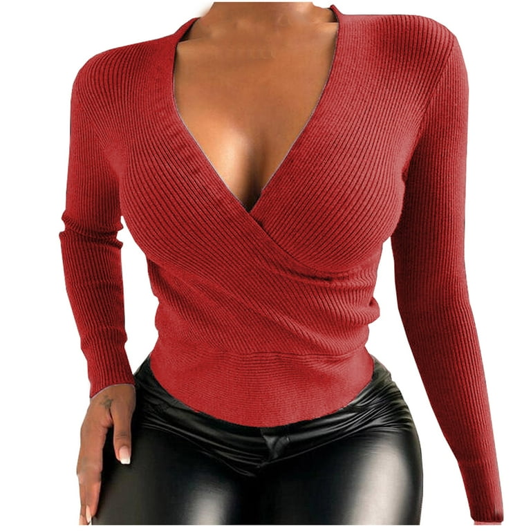 Womens Deep V Neck Sexy Wrap Sweater Pullover Crisscross Long Sleeve  Slim-Fitted Basic Knitted Jumper Top Plus Size 